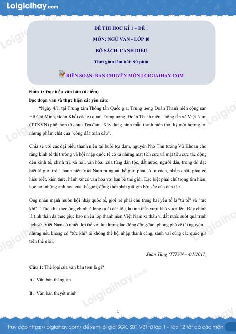 Đề thi học kì 1 Văn 10 Cánh diều - Đề số 1